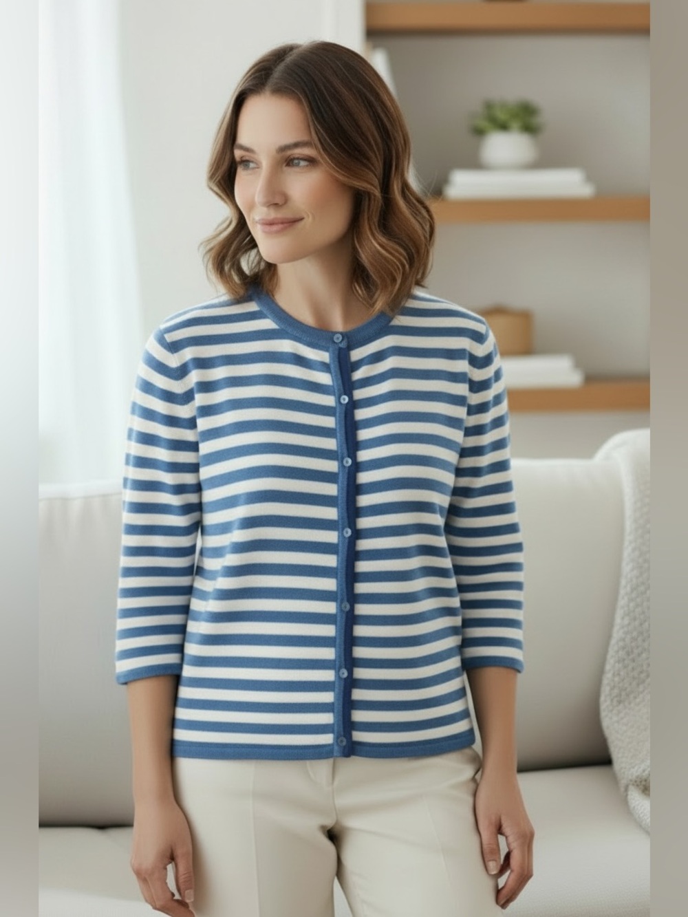 Liz Claiborne classic striped blue white preppy nautical sweater cardigan large